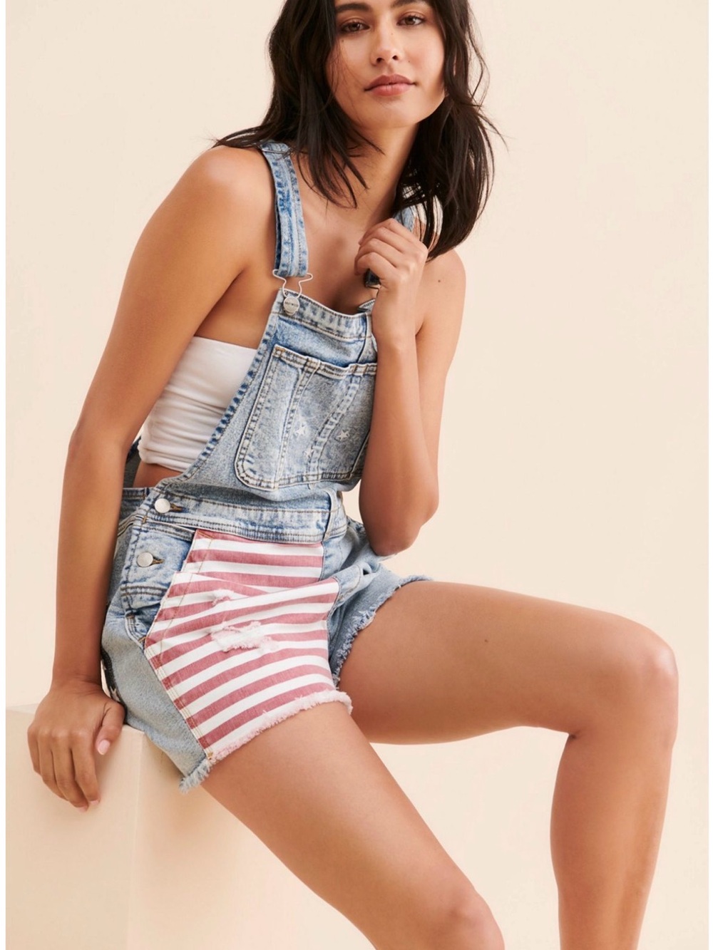 Free People Light Wash Denim Jean Short Overalls with Red-White Stripe Pocket